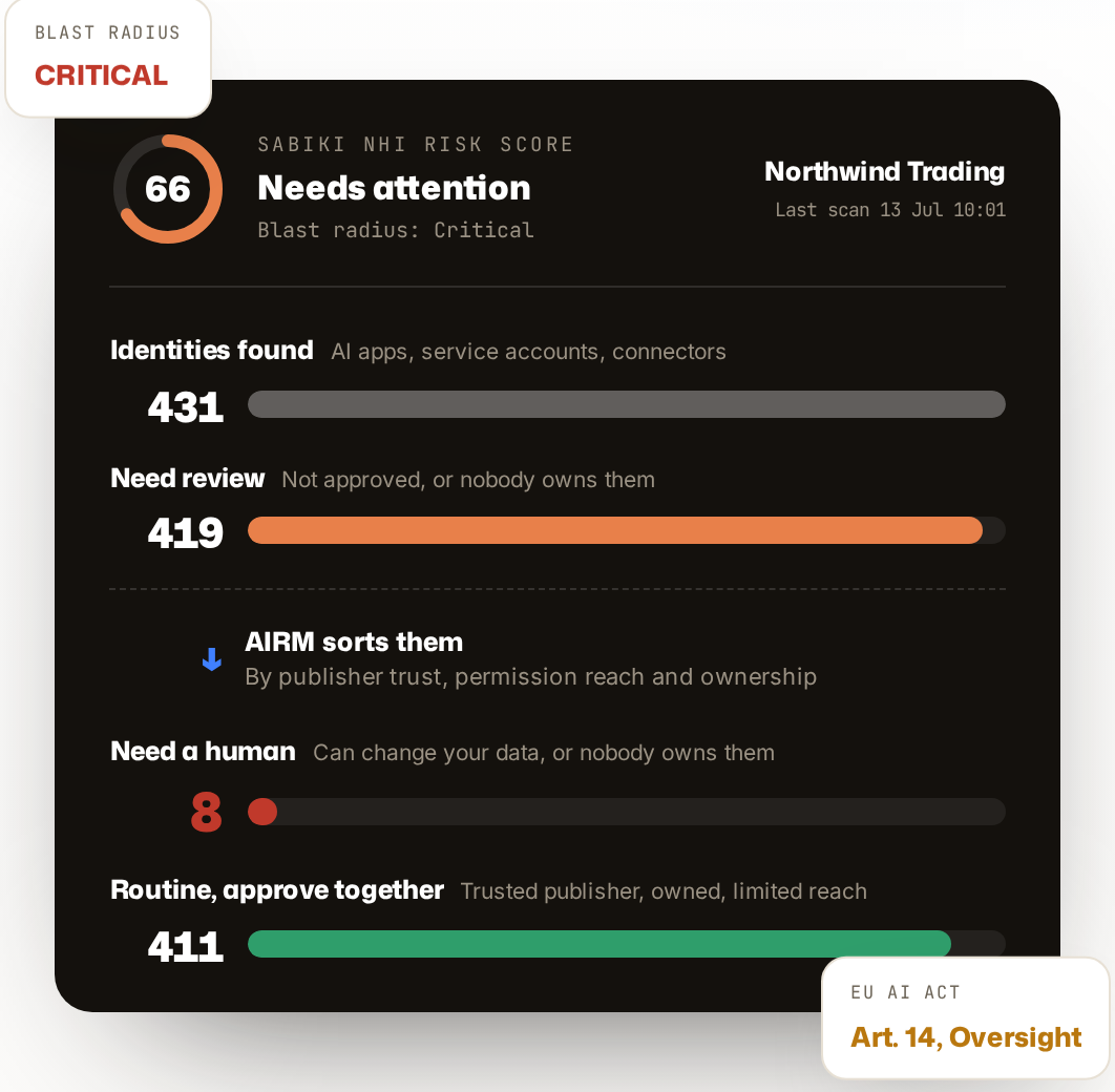 AIRM dashboard card — Sabiki NHI Risk Score 66, 431 identities found, 419 need review, 8 need a human
